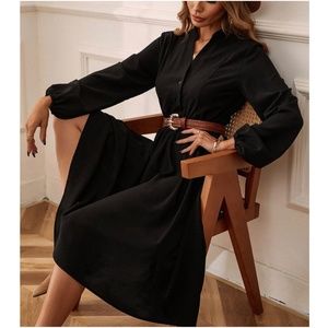 Black Casual Button lantern Sleeve Midi Dress